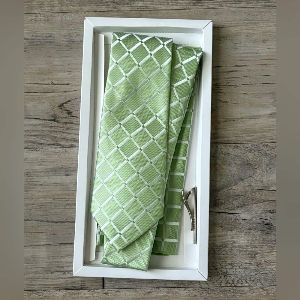 JemyGins Men's Silk Green Tie and Handkerchief with Clip, One Size